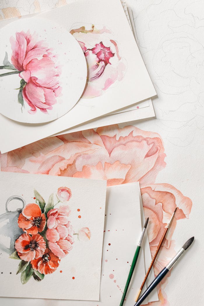 heros-img Colorful watercolor paintings of flowers with paintbrushes on white paper.